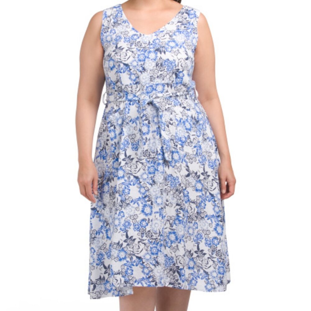 Cristina Vergani Made in Italy Linen Blend Floral Belted Midi Dress — 1X